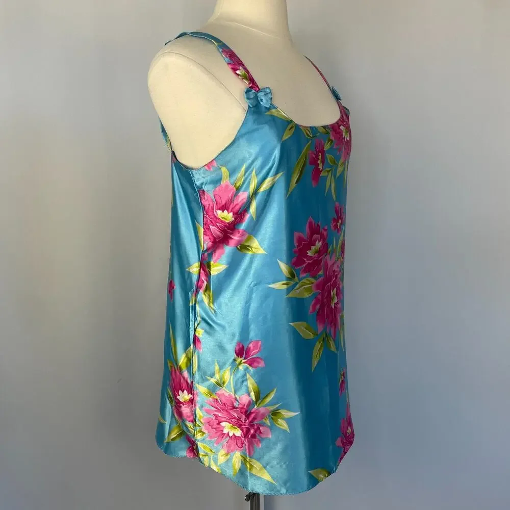 Short Slip Dress Size XL Blue Pink Floral Silky Satin Lingerie Sleep Feminine